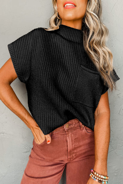 Pocket Ribbed Knit Short Sleeve Sweater