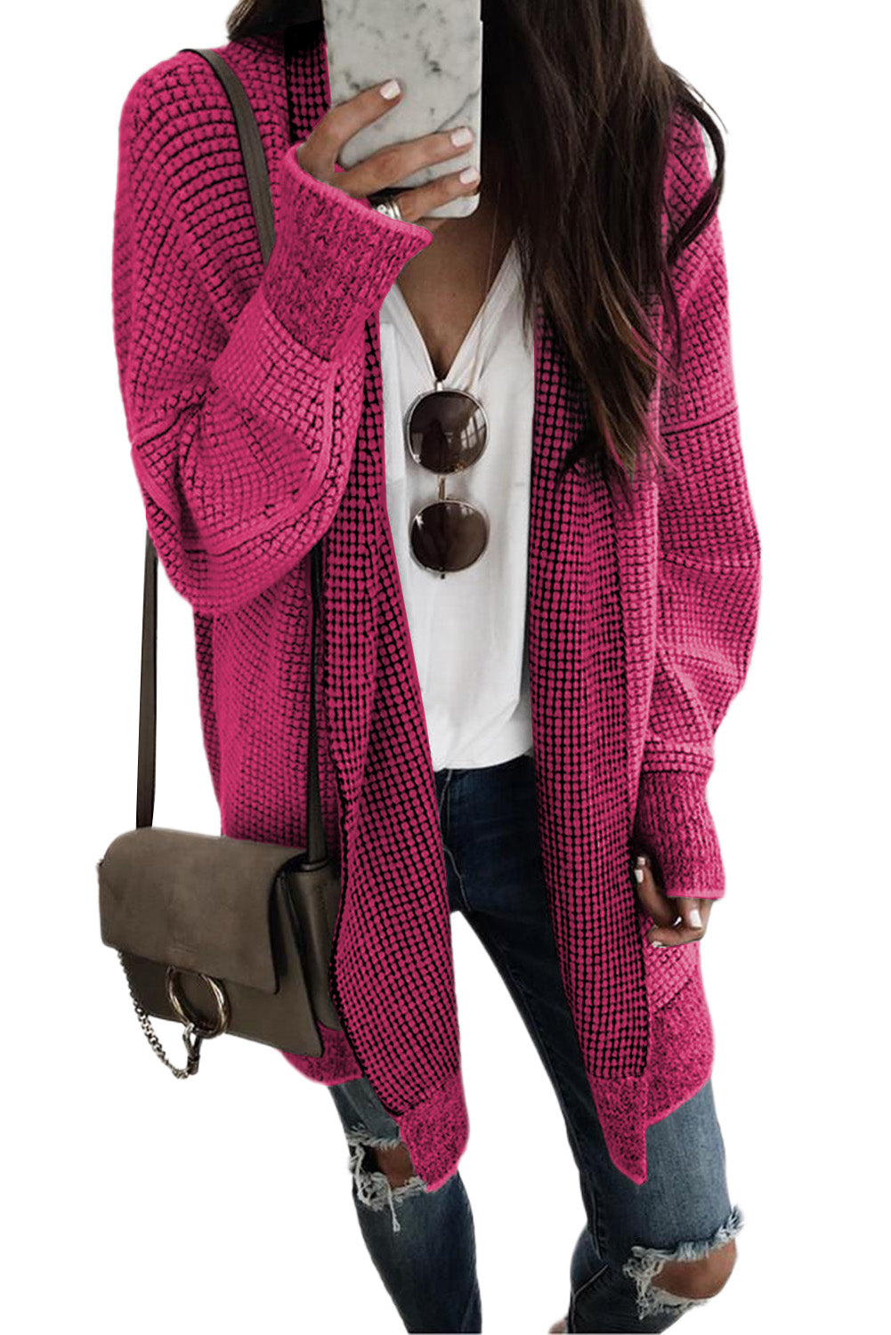 Apricot Plaid Knitted Long Open Front Cardigan