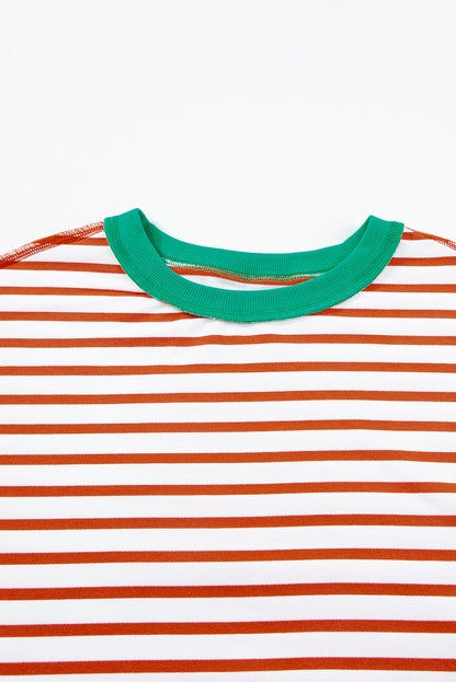 Green Stripe Oversized Contrast Trim Exposed Seam High Low T Shirt