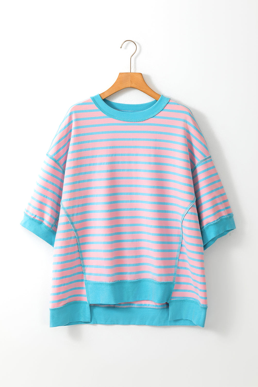 Green Stripe Oversized Contrast Trim Exposed Seam High Low T Shirt