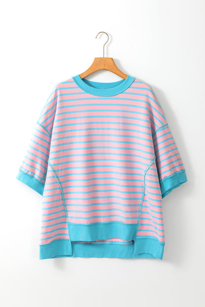 Green Stripe Oversized Contrast Trim Exposed Seam High Low T Shirt