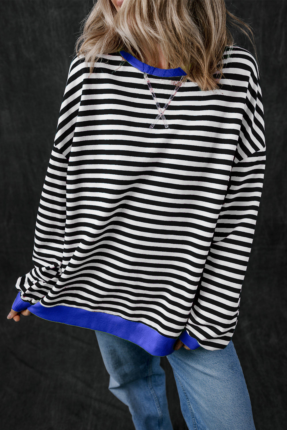 Blue Stripe Oversized Contrast Trim Pullover Sweatshirt