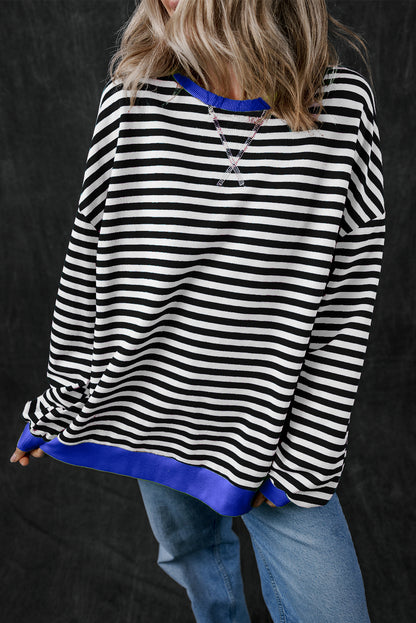 Blue Stripe Oversized Contrast Trim Pullover Sweatshirt