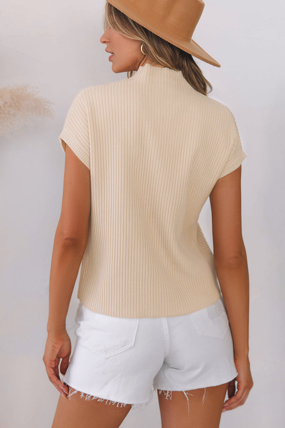 Pocket Ribbed Knit Short Sleeve Sweater