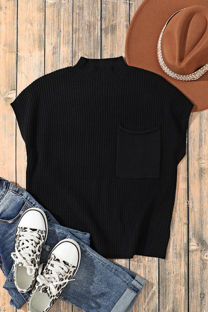 Pocket Ribbed Knit Short Sleeve Sweater