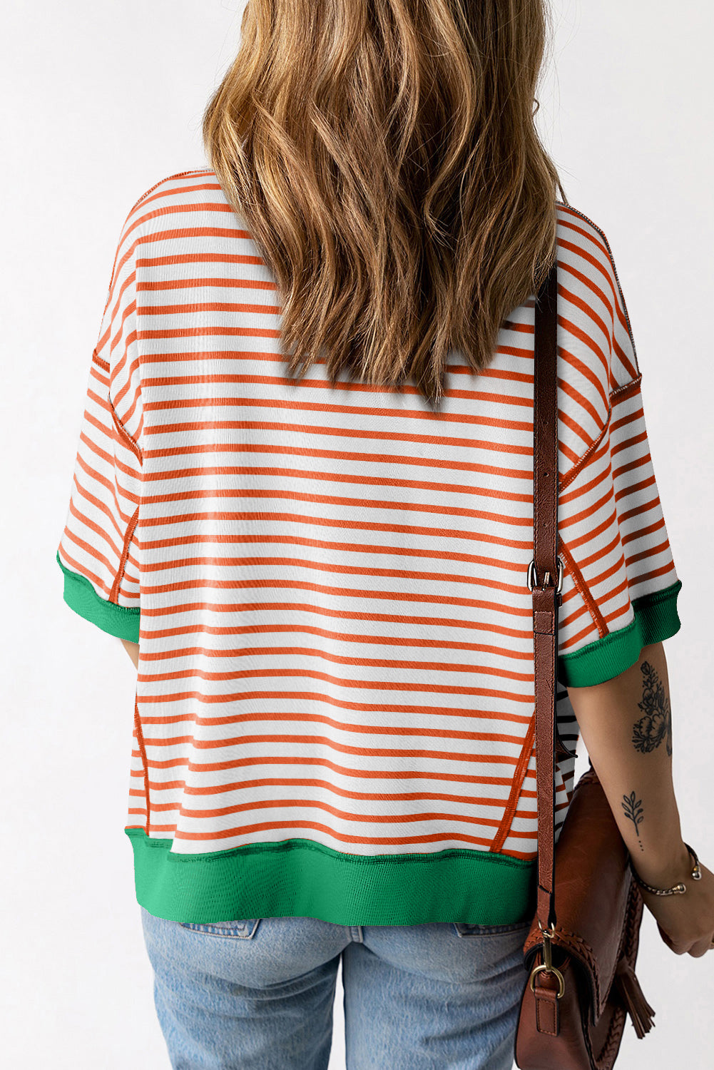 Green Stripe Oversized Contrast Trim Exposed Seam High Low T Shirt