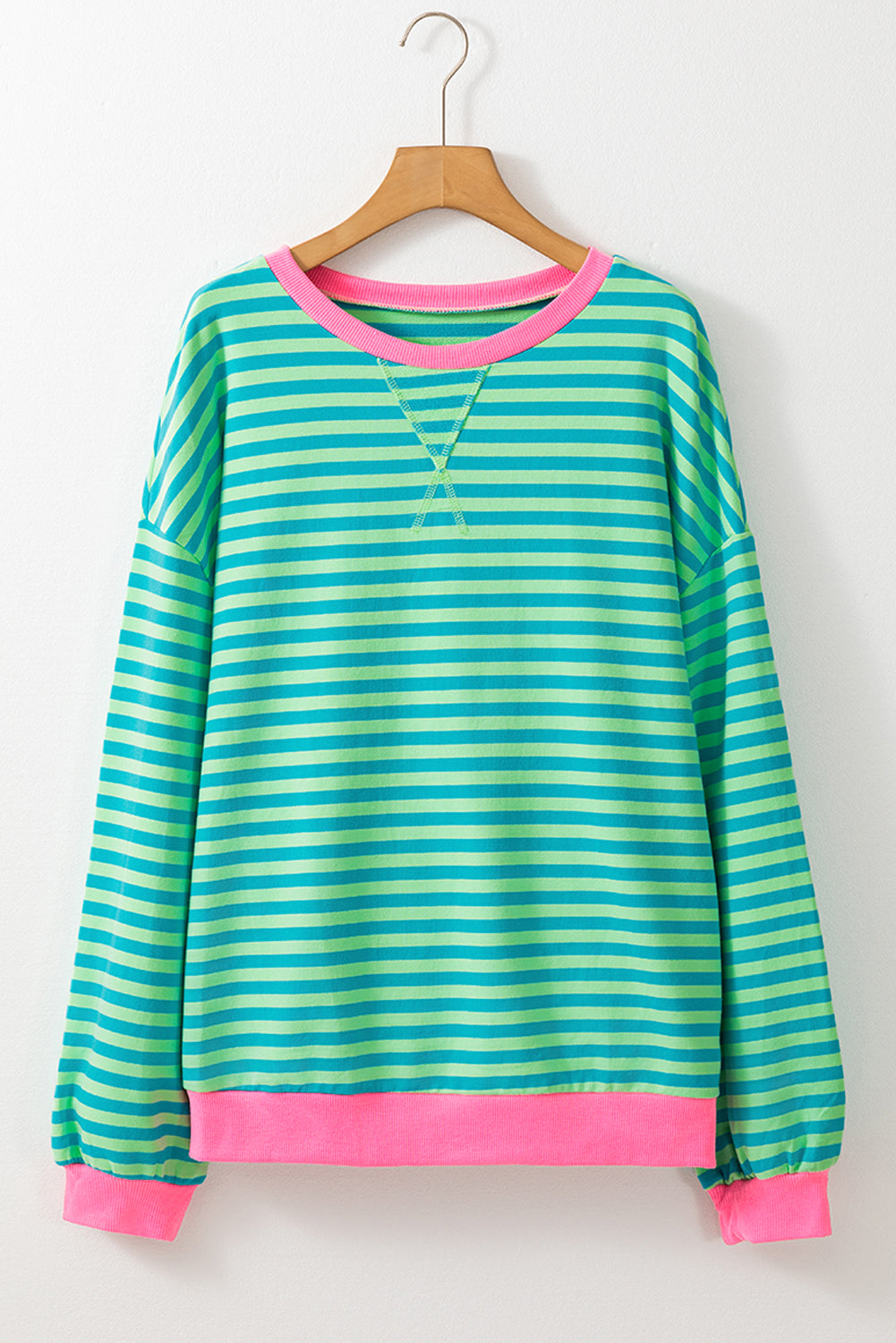 Blue Stripe Oversized Contrast Trim Pullover Sweatshirt