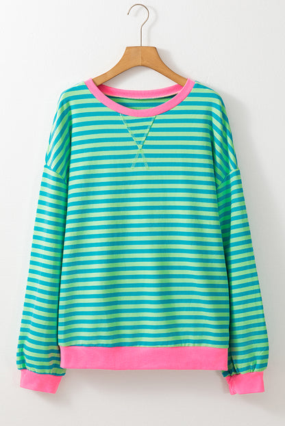 Blue Stripe Oversized Contrast Trim Pullover Sweatshirt