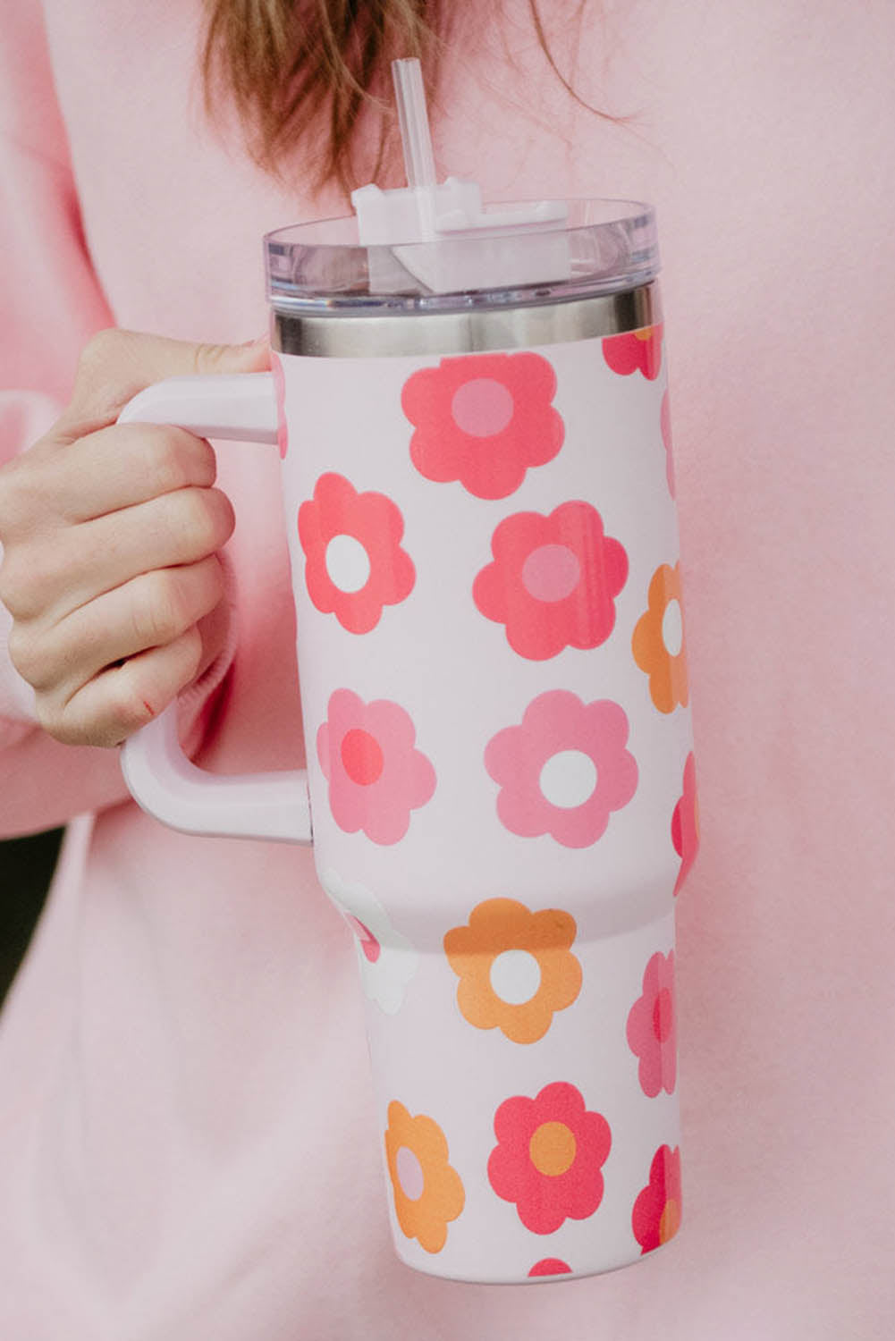 Multicolor Flower Print Handled Stainless Steel Vacuum Cup 40oz