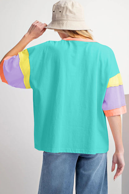 Green Color Block Stitching Sleeve Round Neck Oversize Top