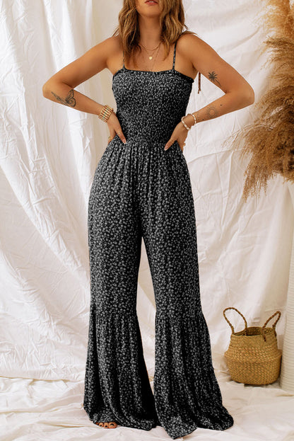 Khaki Thin Straps Smocked Bodice Wide Leg Floral Jumpsuit