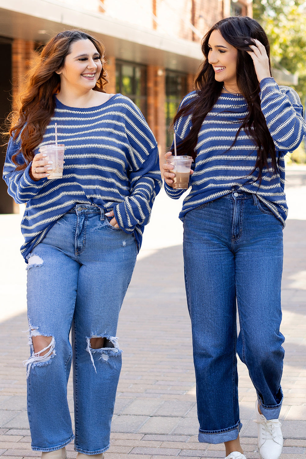 Sky Blue Stripe Drop Shoulder Casual Sweater