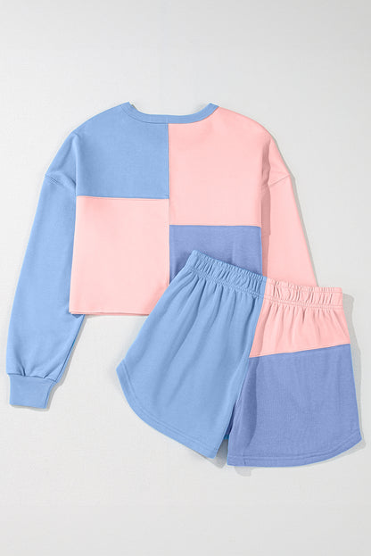 Sky Blue Colorblock Patchwork Long Sleeve Shorts Outfit