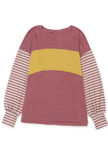 Green Colorblock Striped Bishop Sleeve Top