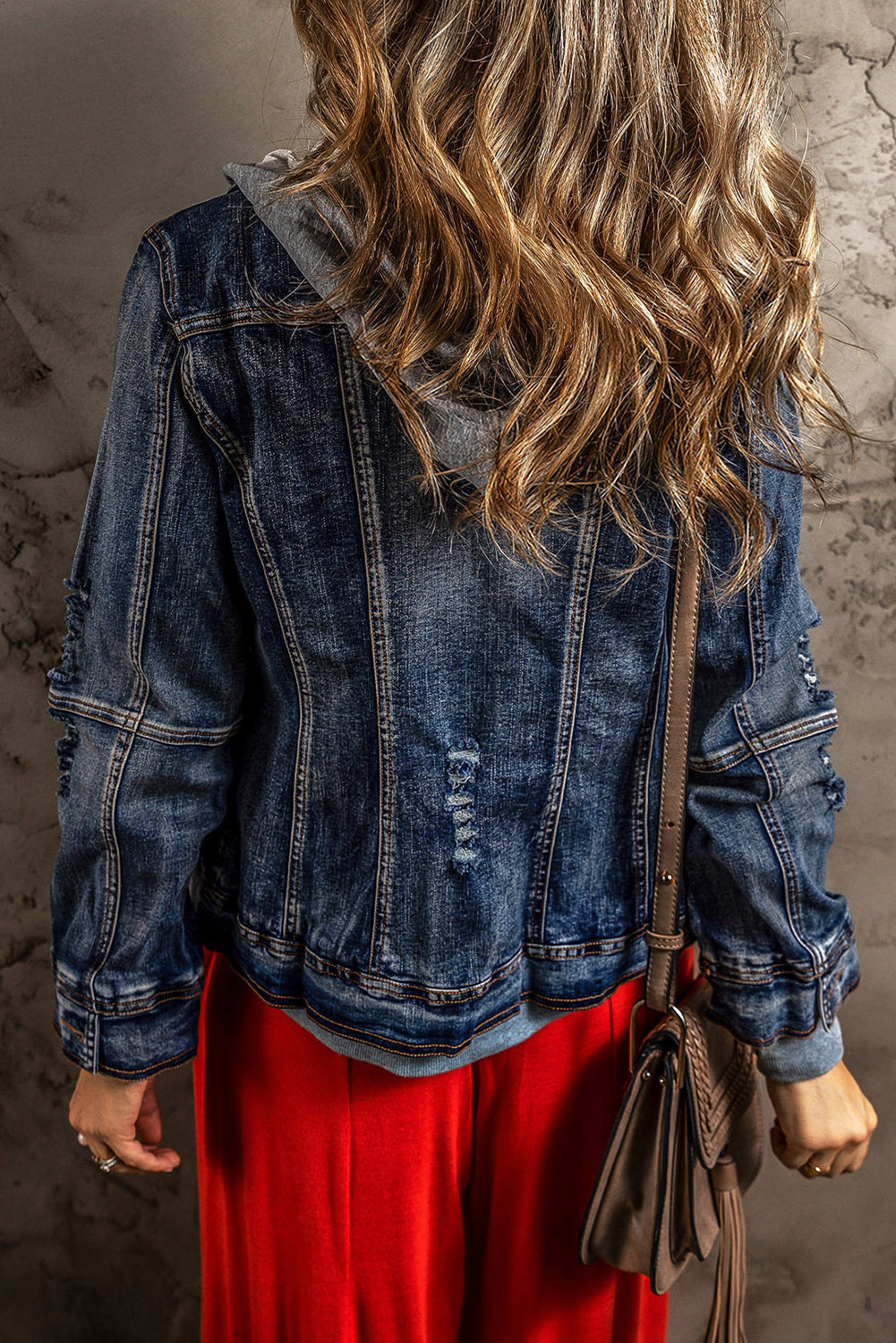 Dark Blue Two-Piece Hooded Zip-Up Denim Jacket