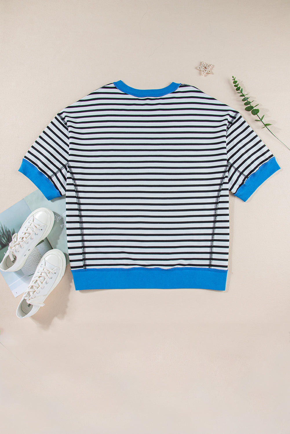 Green Stripe Oversized Contrast Trim Exposed Seam High Low T Shirt