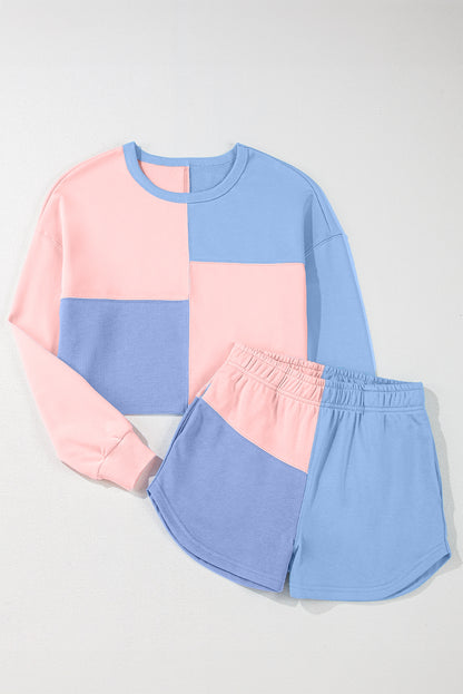 Sky Blue Colorblock Patchwork Long Sleeve Shorts Outfit