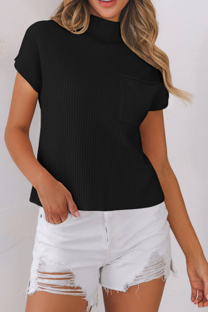 Pocket Ribbed Knit Short Sleeve Sweater