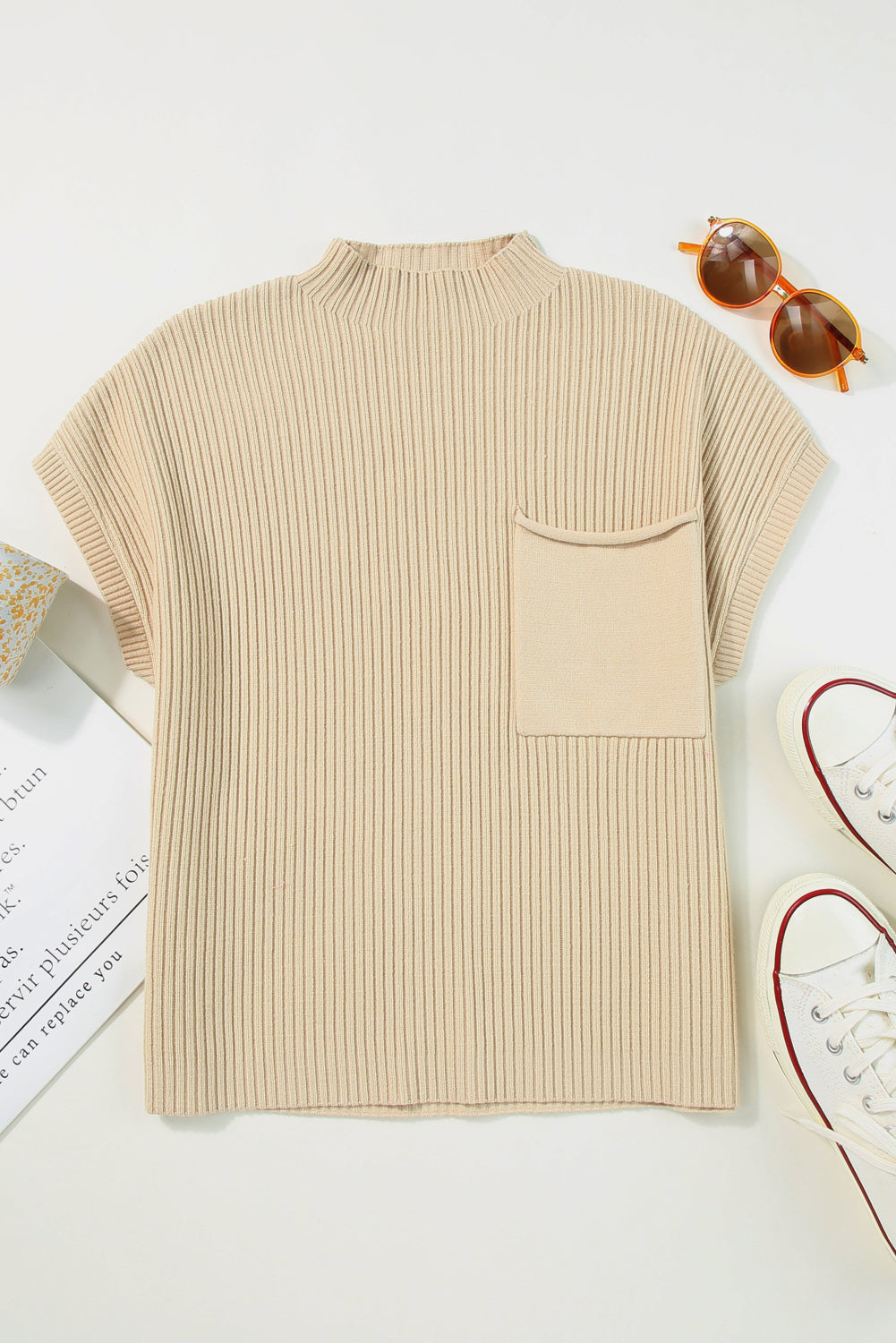 Pocket Ribbed Knit Short Sleeve Sweater