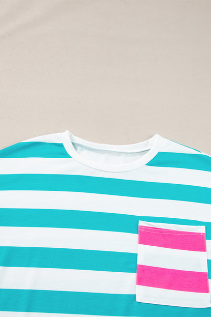 Blue Stripe Contrast Patch Pocket Drop Sleeve T Shirt