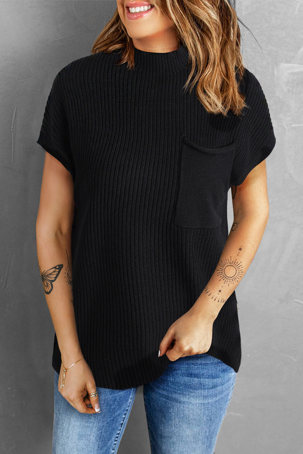 Pocket Ribbed Knit Short Sleeve Sweater