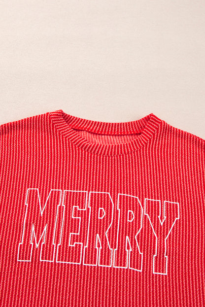 Red Corduroy Merry Christmas Long Sleeve Top and Shorts Set