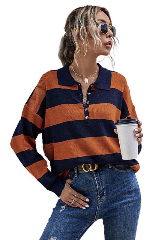 Blue and Orange Button Up Long Sleeve Pullover Sweater