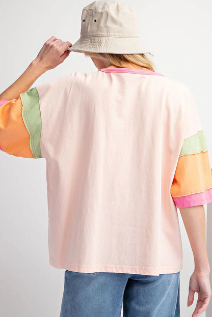 Green Color Block Stitching Sleeve Round Neck Oversize Top