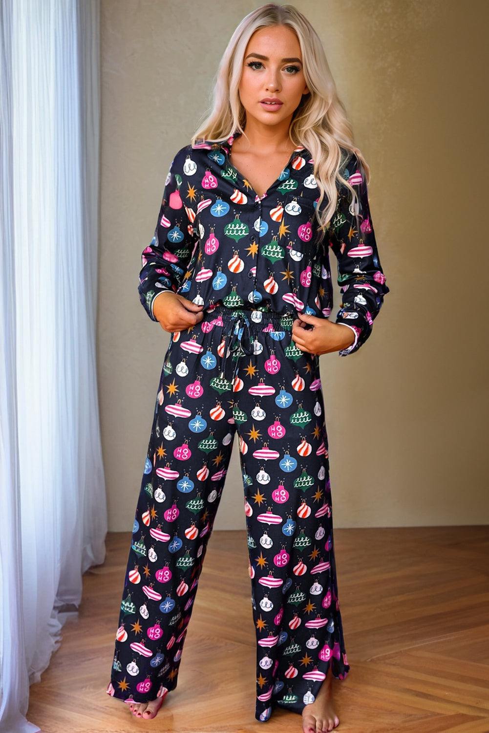 Colorful Christmas Lights Print Shirt and Pants Pajama Set