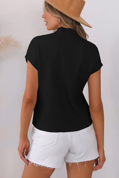 Pocket Ribbed Knit Short Sleeve Sweater