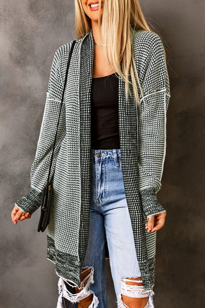 Apricot Plaid Knitted Long Open Front Cardigan