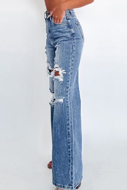 Blue Wash Distressed Wide Leg Ripped High Waist Jeans