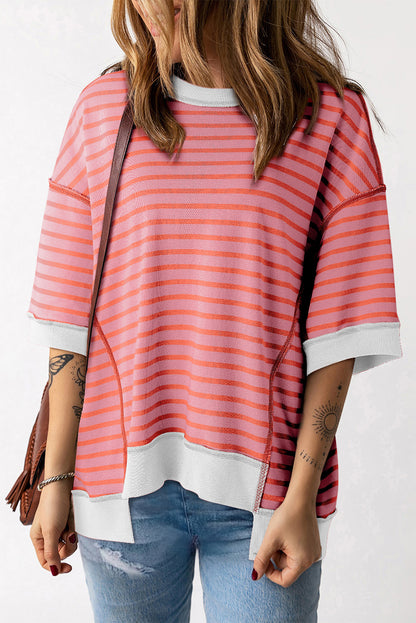 Green Stripe Oversized Contrast Trim Exposed Seam High Low T Shirt