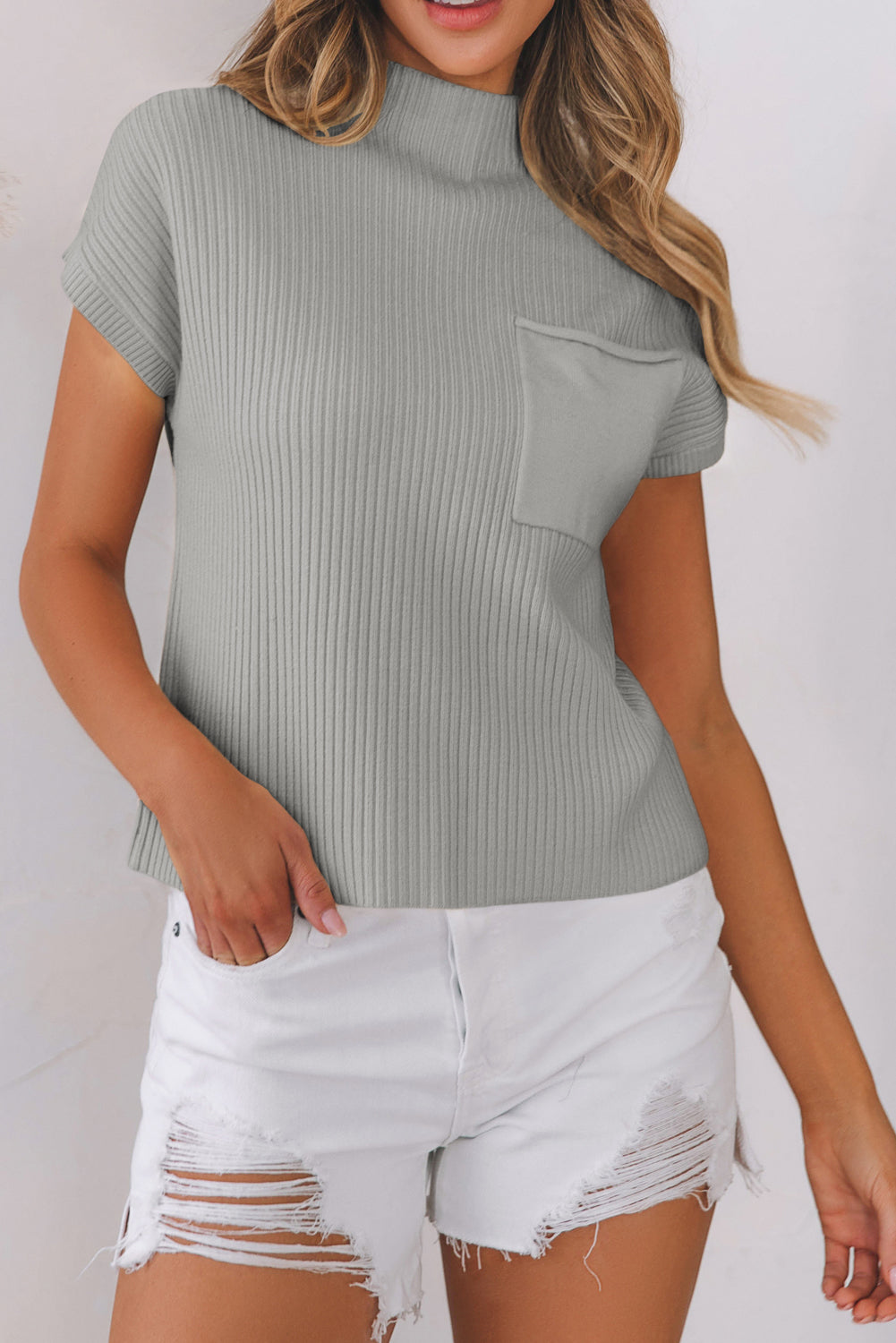 Pocket Ribbed Knit Short Sleeve Sweater