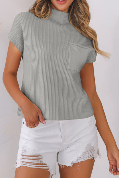 Pocket Ribbed Knit Short Sleeve Sweater