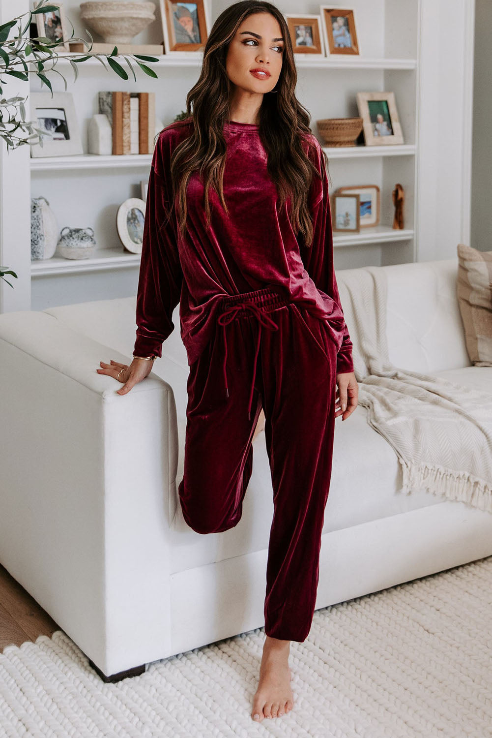 Burgundy Red Velvet Two Piece Lounge Set