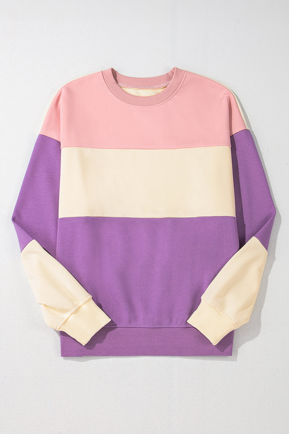 Bright Pink Colorblock Patchwork Drop Shoulder Sweatshirt