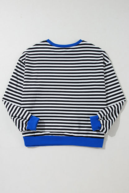 Blue Stripe Oversized Contrast Trim Pullover Sweatshirt