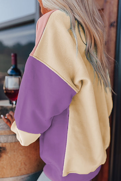 Bright Pink Colorblock Patchwork Drop Shoulder Sweatshirt