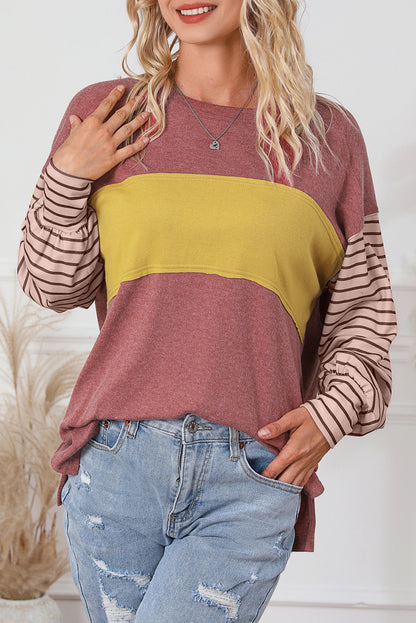 Green Colorblock Striped Bishop Sleeve Top