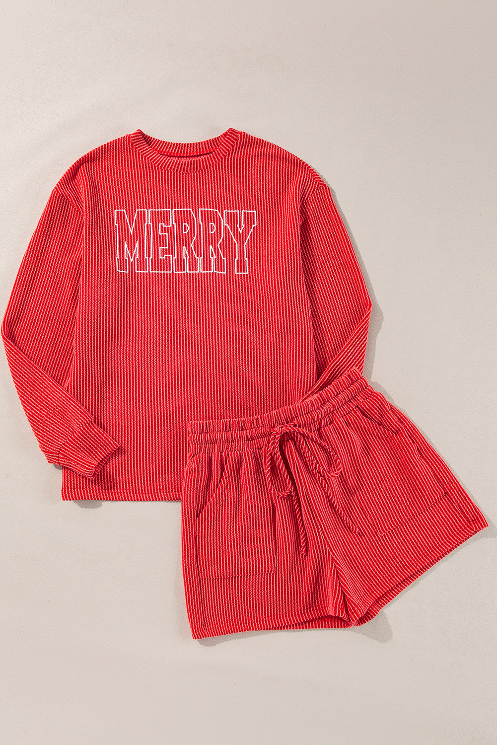 Red Corduroy Merry Christmas Long Sleeve Top and Shorts Set