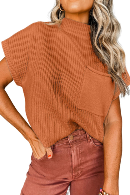 Pocket Ribbed Knit Short Sleeve Sweater