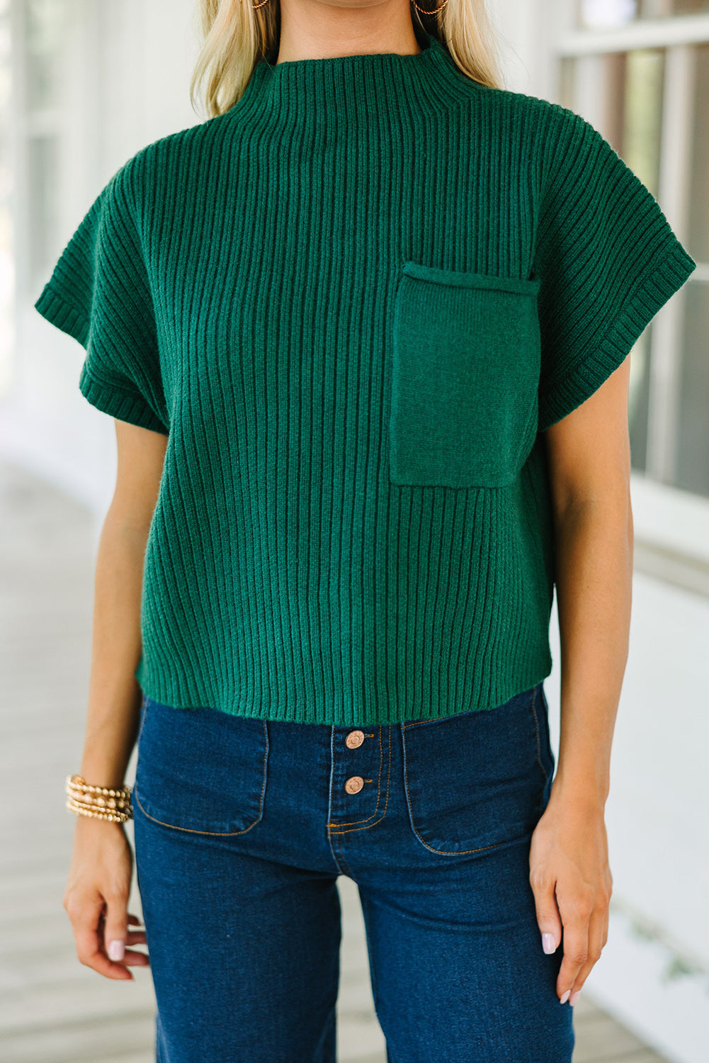 Pocket Ribbed Knit Short Sleeve Sweater