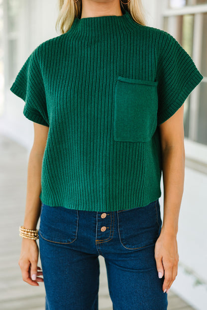 Pocket Ribbed Knit Short Sleeve Sweater