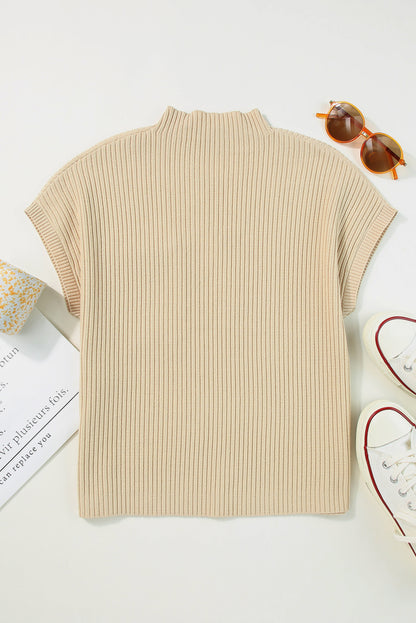 Pocket Ribbed Knit Short Sleeve Sweater