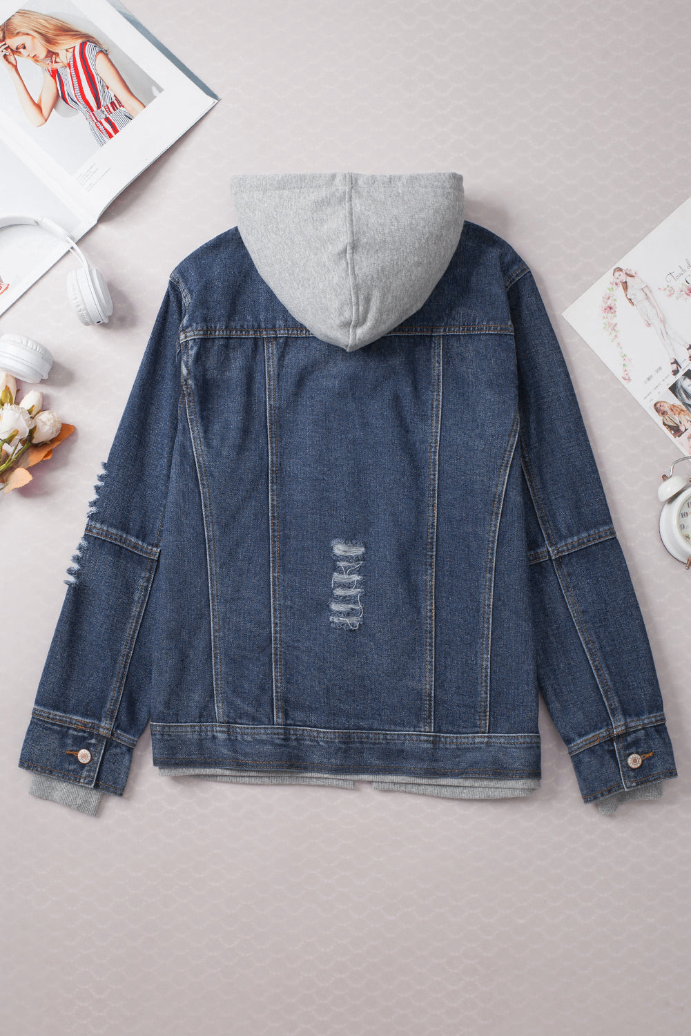 Dark Blue Two-Piece Hooded Zip-Up Denim Jacket