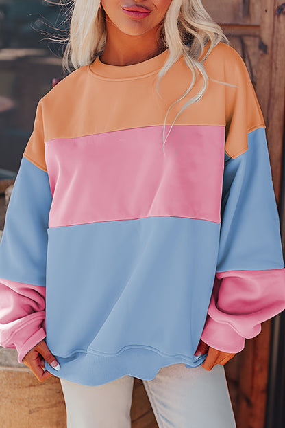 Bright Pink Colorblock Patchwork Drop Shoulder Sweatshirt