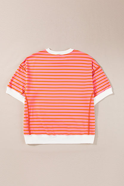 Green Stripe Oversized Contrast Trim Exposed Seam High Low T Shirt