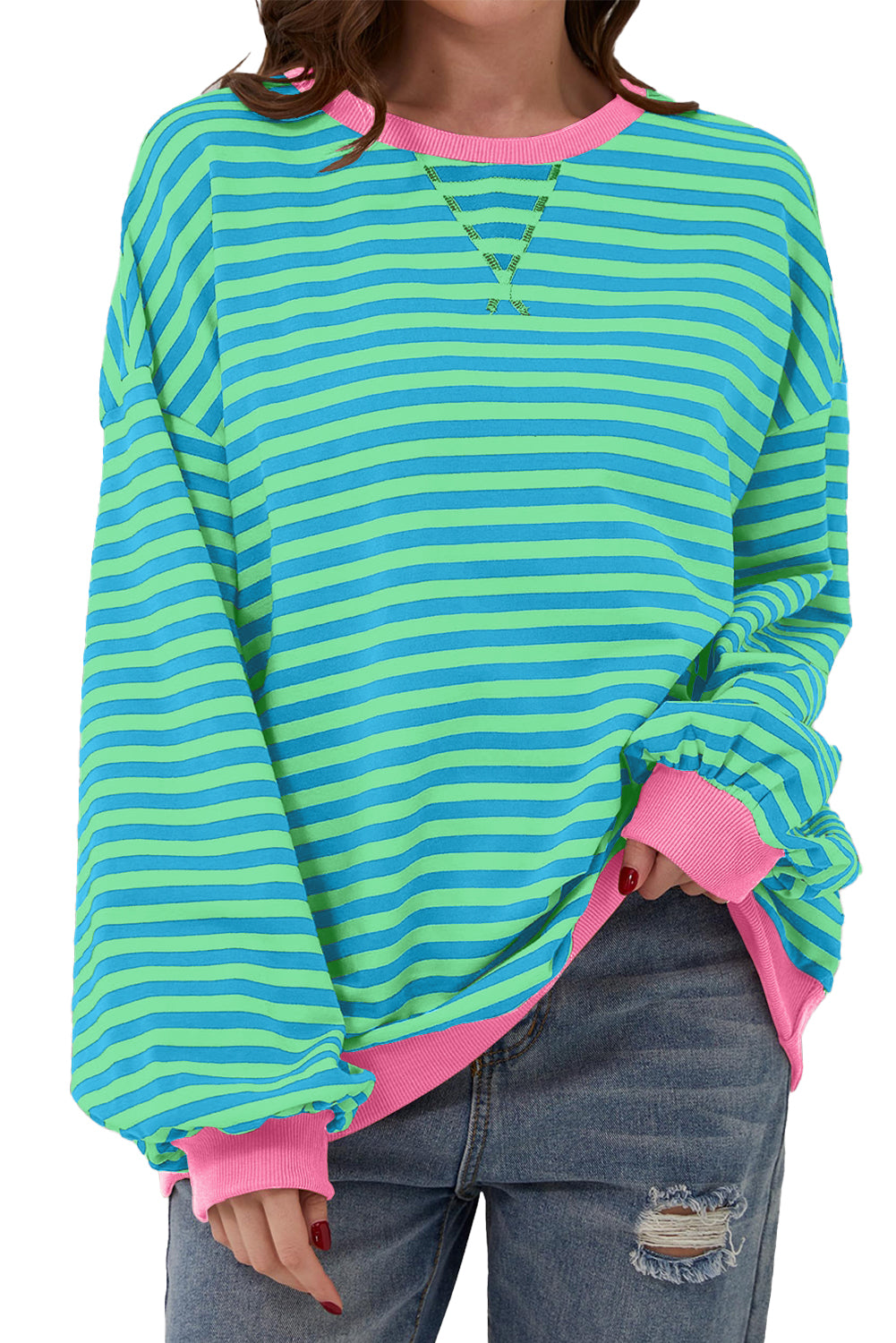 Blue Stripe Oversized Contrast Trim Pullover Sweatshirt