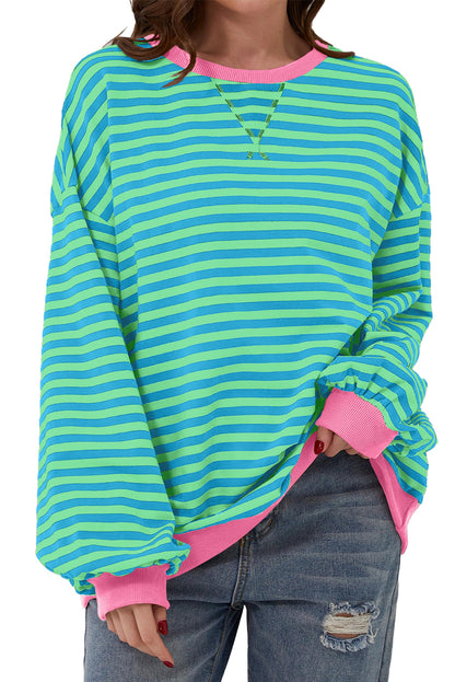 Blue Stripe Oversized Contrast Trim Pullover Sweatshirt